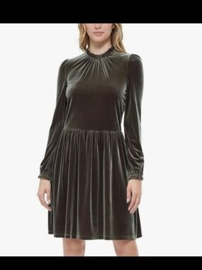 Tommy Hilfiger Olive Velvet Long-Sleeve A-Line Dress